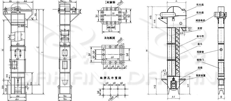 TD/D型斗式提升機基本結構:機頭蓋，機頭座，減速電機，直管，底座，緊張裝置等。