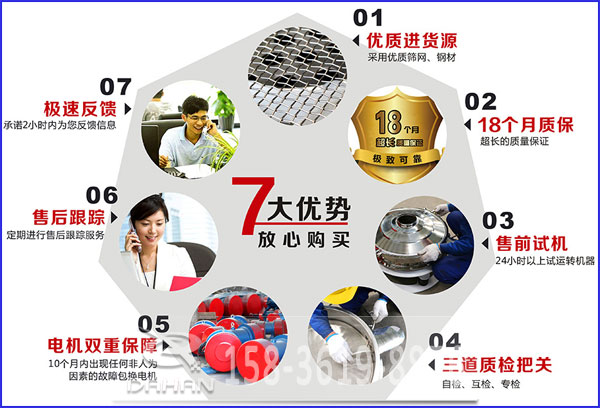 大漢食品振動(dòng)篩的7大優(yōu)勢(shì)：優(yōu)質(zhì)進(jìn)貨源，售后跟蹤，售前試機(jī)等。