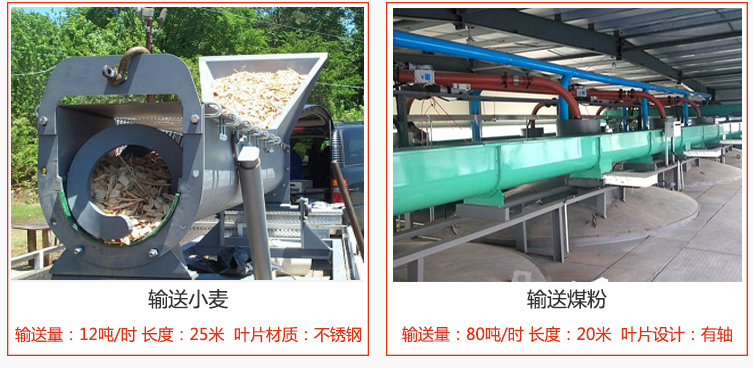絞龍螺旋輸送機(jī)輸送小麥輸送量在12噸/時，長度為25米，葉片采用不銹鋼材質(zhì)；輸送水泥輸送量在80噸/時，長度為20米，葉片設(shè)計為有軸。