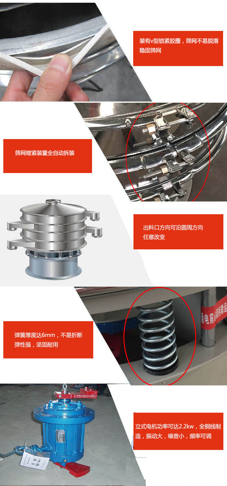裝有V型鎖緊膠圈，使篩網(wǎng)不易脫落穩(wěn)固篩網(wǎng)，篩網(wǎng)鎖緊裝置，全自動(dòng)拆裝，出料口方向可沿圓周方向任意改變。彈簧厚度達(dá)6mm，不易折斷，彈性強(qiáng)，堅(jiān)固耐用。專業(yè)的振動(dòng)電機(jī)，全銅線制造，振動(dòng)大，機(jī)械噪音小，頻率可調(diào)。產(chǎn)品對(duì)比:材質(zhì)：大漢振動(dòng)篩廠家采用304不銹鋼材質(zhì)耐腐蝕性，耐熱性強(qiáng)。個(gè)別廠家采用其它金屬材質(zhì)，耐腐蝕性，耐熱性差蒸發(fā)緩慢，烘干效率較低。大漢振動(dòng)篩廠家采用金屬編織網(wǎng)，篩分精度高，效率高，篩網(wǎng)利用率高。