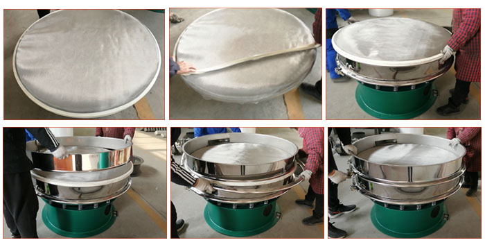 食品振動(dòng)篩網(wǎng)安裝步驟3，將密封圈安裝到網(wǎng)架周圍，將篩框放到網(wǎng)架上，并利用束環(huán)將上下兩層篩框固定在一起。
