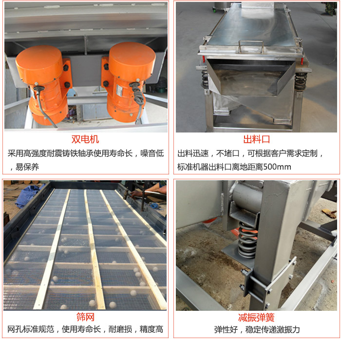線振動(dòng)篩配件優(yōu)勢(shì)：雙電機(jī)采用高強(qiáng)度耐震鑄鐵軸承使用壽命長(zhǎng)，噪音低，易保養(yǎng)，出料口：出料迅速，不堵口，可根據(jù)客戶需求定制標(biāo)準(zhǔn)機(jī)器出料口離地距離500mm。篩網(wǎng)：網(wǎng)孔標(biāo)準(zhǔn)規(guī)范，使用壽命長(zhǎng)，耐磨損，精度高。減震彈簧彈性好，穩(wěn)定傳遞激振力。