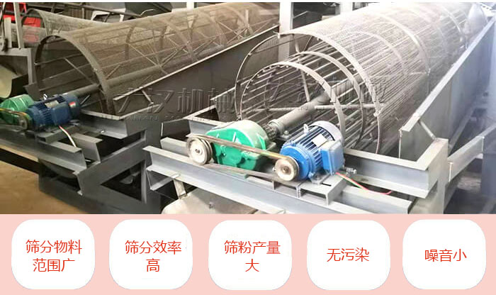 滾筒篩分機(jī)主要特點：篩分物料范圍廣，篩分效率高，篩分產(chǎn)量大，無污染，噪音小。