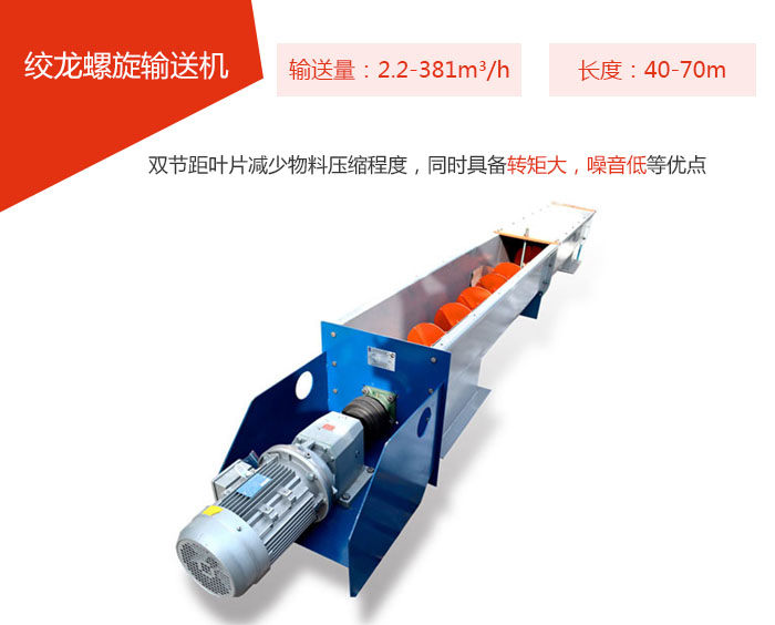絞龍螺旋輸送機(jī)輸送量：2.2-381m3/h 長度：40-70m 雙節(jié)距葉片減少物料壓縮程度，同時具備轉(zhuǎn)矩大，噪音低等優(yōu)點(diǎn)。