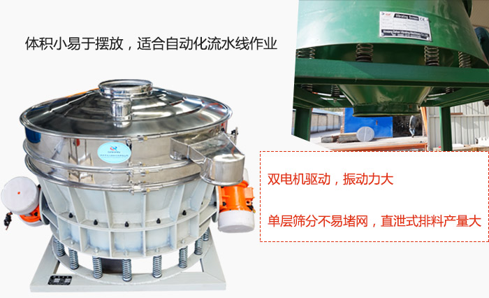 雙電機(jī)驅(qū)動(dòng)，振動(dòng)力大，單層篩分不易堵網(wǎng)，直泄式排料產(chǎn)量大