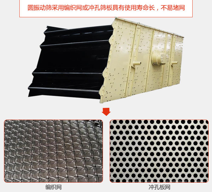 圓振動篩采用編織網(wǎng)或沖孔篩板具有使用壽命長，不易堵網(wǎng)。