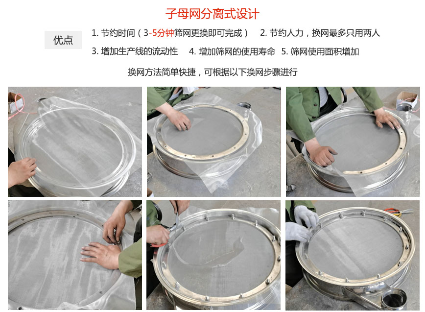 大漢振動(dòng)機(jī)械換網(wǎng)優(yōu)勢(shì)：1，節(jié)省時(shí)間（3-5分鐘篩網(wǎng)更換即可完成）2，節(jié)省人力，換網(wǎng)只有兩人。3.增加生產(chǎn)線的流暢性。4.增加篩網(wǎng)壽命，彈跳球不直接撞擊子網(wǎng)。5.篩網(wǎng)使用面積增加。