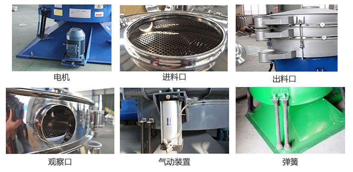 搖擺篩分機(jī)由進(jìn)料口，出料口，觀察口，電機(jī)，彈簧，氣動裝置等部件組成