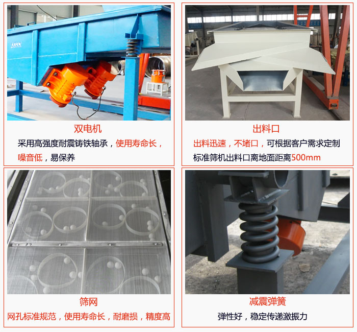 1030直線振動篩雙電機(jī)采用高強(qiáng)度耐震鑄鐵軸承使用壽命長、噪音低，易保養(yǎng)；出料口排料迅速，不堵口，可根據(jù)客戶需求定制，標(biāo)準(zhǔn)機(jī)器出料口離地面距離500mm;篩網(wǎng)網(wǎng)孔標(biāo)準(zhǔn)規(guī)范、使用壽命長，耐磨損、精度高；減震彈簧：彈性好，穩(wěn)定傳遞激振力。