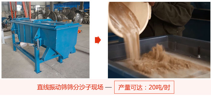 直線振動篩篩分沙子現(xiàn)場展示，產(chǎn)量高達20噸每小時。