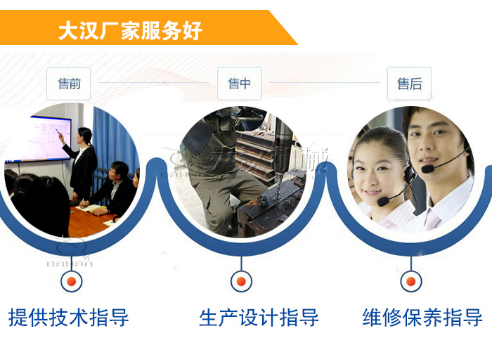 大漢廠家服務(wù)流程：售前-售中-售后：提供技術(shù)指導(dǎo)，生產(chǎn)設(shè)計(jì)指導(dǎo)，維修保養(yǎng)指導(dǎo)。