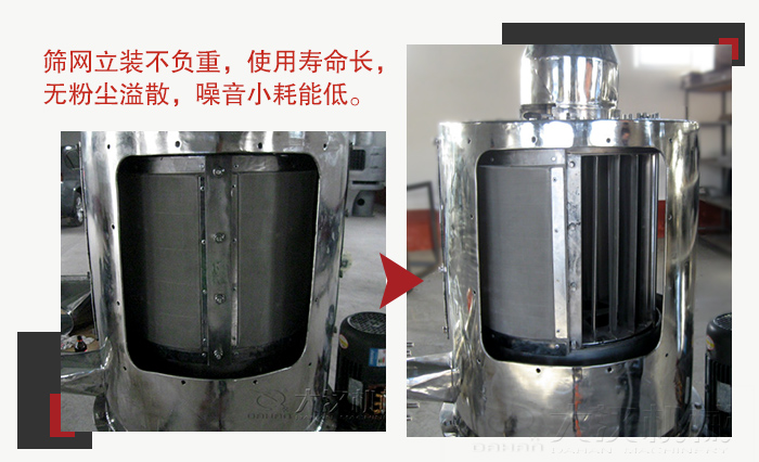 氣流篩采用立式篩網(wǎng)，不受物料的沖擊力的影響，篩網(wǎng)使用壽命長