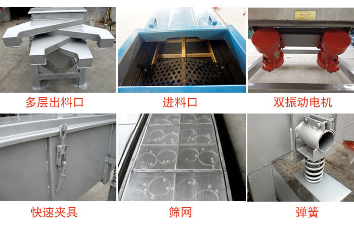 多層直線振動(dòng)篩出料口，篩網(wǎng)，彈簧，快速夾具，振動(dòng)電機(jī)等