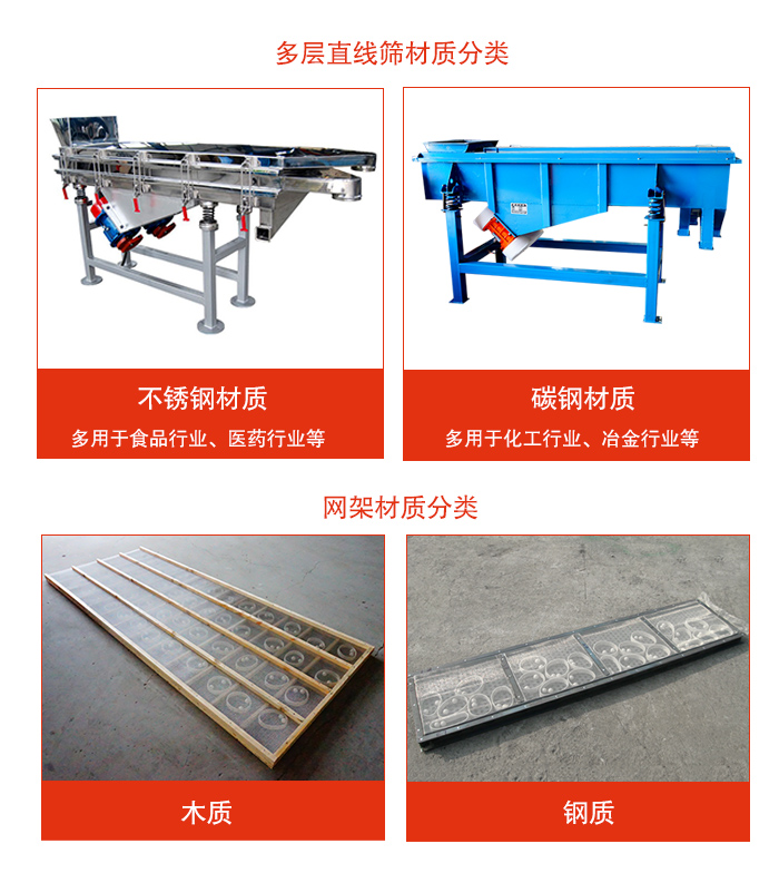 多層直線振動(dòng)篩材質(zhì)有：不銹鋼，碳鋼；網(wǎng)架材質(zhì)有木質(zhì)，鋼質(zhì)等。