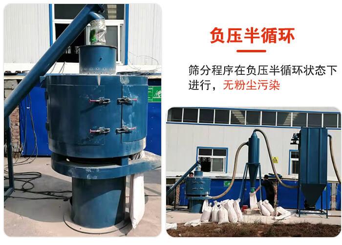 氣流篩負(fù)壓半循環(huán)，篩分程序在負(fù)壓版循環(huán)狀態(tài)下進(jìn)行，無粉塵污染。