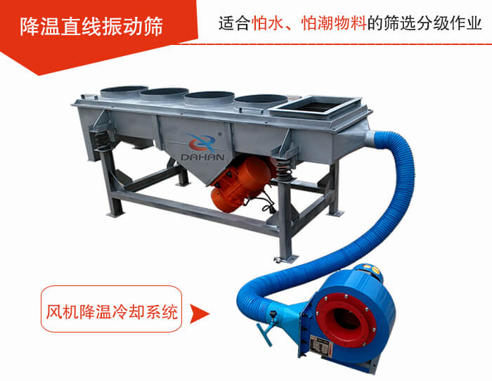 降溫直線振動篩加裝風機或水箱降溫方式完成物料的降溫需求。