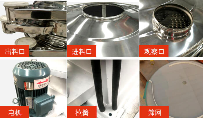 搖擺篩細(xì)節(jié)展示：出料口，進(jìn)料口，觀察口，電機(jī)，拉簧，篩網(wǎng)等。