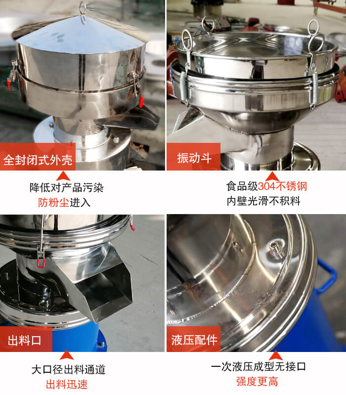 450過濾篩機(jī)結(jié)構(gòu)組成：全封閉式外殼設(shè)計(jì)：對產(chǎn)品的污染低，防塵粉進(jìn)入電機(jī)內(nèi)部延長設(shè)備壽命。振動斗：食品304不銹鋼篩斗，內(nèi)壁光滑不存在積料現(xiàn)象。出料口，大口徑出料通道，出料迅速，提高工作效率。液壓配件：一次液壓成型無接口強(qiáng)度更高。