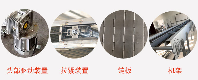 鏈板輸送機(jī)結(jié)構(gòu)：頭部驅(qū)動(dòng)裝置，拉緊裝置，鏈板，機(jī)架等圖片展示