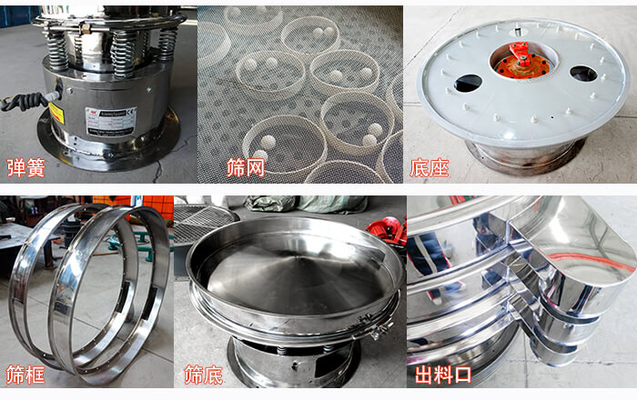 細節(jié)展示：篩框，篩網(wǎng)，振動底座，振動體，出料口。