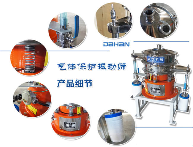 氣體保護(hù)振動(dòng)篩細(xì)節(jié)：振動(dòng)彈簧，手動(dòng)閥門，料罐等。