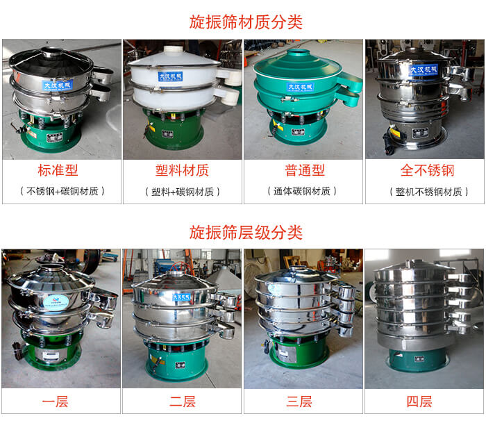 旋振篩材質分類：塑料，全不銹鋼等旋振篩層級分類：一層，兩層，三層，四層等。